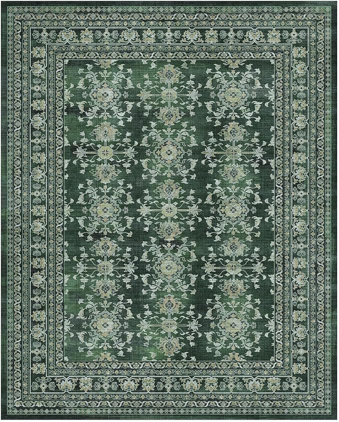 Lessymo 9x12 Area Rugs for Living Room, Machine Washable Non Slip Large Rug, Soft Low Pile Carpet for Bedroom Dining Office, Vintage Dark Green Distressed Floral Floor Decor