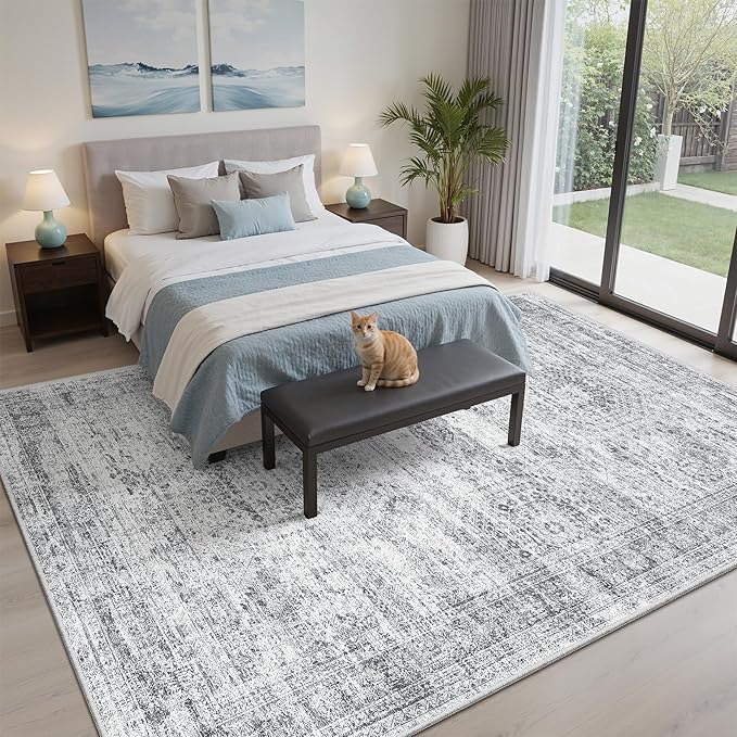 5x8 Area Rugs Grey Low Pile Indoor Washable Trendy Faded Style Rugs for Bedroom Living Room Dining Room Foldable Non-Slip Thin Print Home Office Mat