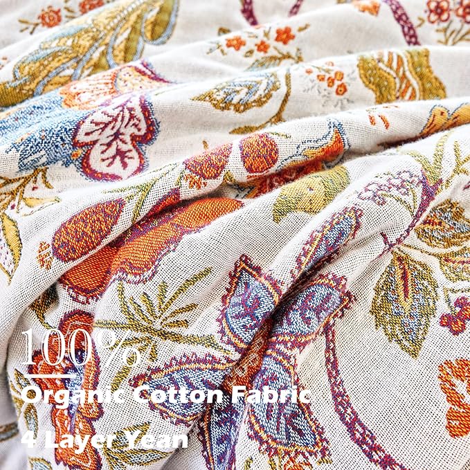 Boho Throw Blanket, 100% Organic Cotton Breathable Skin-Friendly Ultra Soft Bed Quilt Throw - All Season Floral Farmhouse Décor Luxury Blanket for Sofa Couch Chair and Gift. 60" x 80"