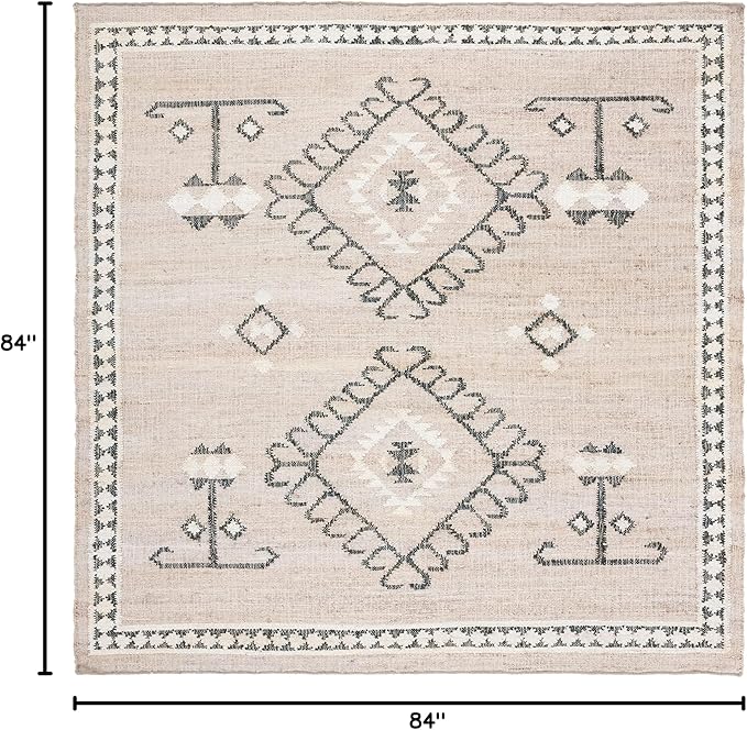 SAFAVIEH Kilim Collection Area Rug - 7' Square, Grey & Black, Handmade Flat Weave Jute, Ideal for High Traffic Areas in Living Room, Bedroom (KLM762F)