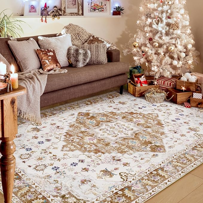Amearea Vintage Design Area Rugs for Living Room, 6x9 Machine Washable Floral Collection Traditional Bedroom Rug, Low Pile Cute Kids Room Print Carpet, No Slip Office Kitchen Home Decor, Gold Yellow