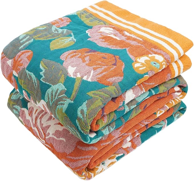 Boho Throw Blanket, 100% Organic Cotton Breathable Ultra Soft 80" x 90" Bed Quilt Throw - All Season Floral Rustic Farmhouse Decor Luxury Reversible Blanket for Sofa Couch Chair and Gift