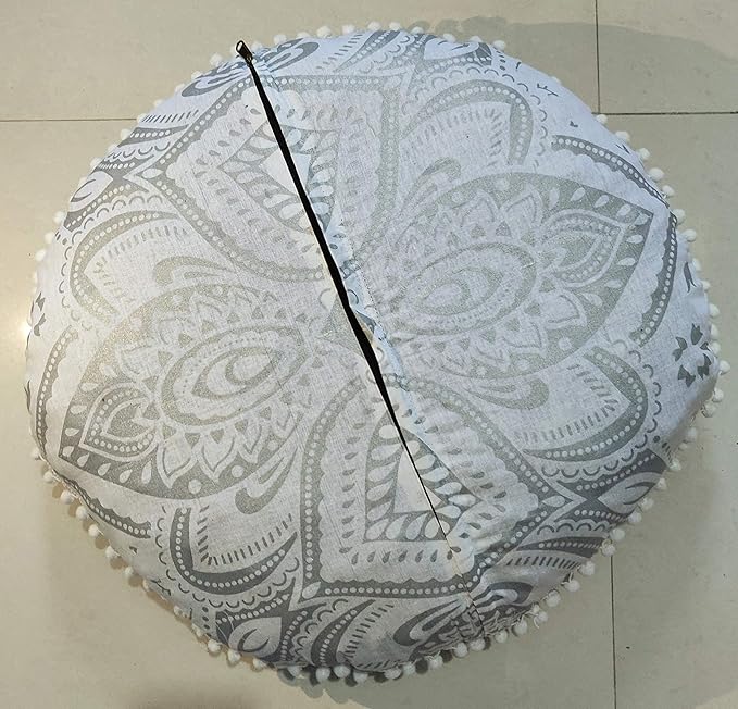 24" White Silver Flower Mandala Barmeri Large Floor Pillow Cover Cushion Meditation Seating Ottoman Throw Cover Hippie Decorative Zipped Bohemian Pouf Ottoman Pom Pom Cases 24 " round