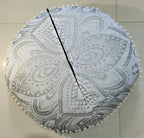 24" White Silver Flower Mandala Barmeri Large Floor Pillow Cover Cushion Meditation Seating Ottoman Throw Cover Hippie Decorative Zipped Bohemian Pouf Ottoman Pom Pom Cases 24 " round