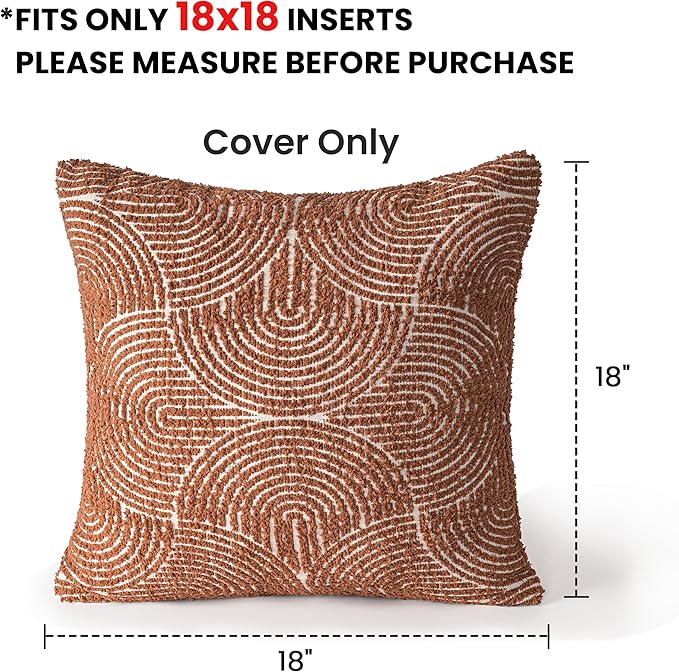AELS Boho Decorative Textured Throw Pillow Covers 18x18, Organic Modern Mid Century Rainbow Tufted Pillow Case, Farmhouse Rustic Geometric Woven Cushion Case for Bed Couch Sofa, Burnt Orange