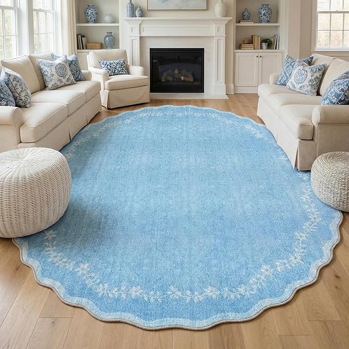 GarveeHome Scalloped Round Area Rugs 8ft for Living Room, Large Solid Blue Washable Circle Rug Soft Non Slip Floral Print Floor Mat Carpet Indoor Thin Rug for Bedroom Dining Room Playroom Nursery