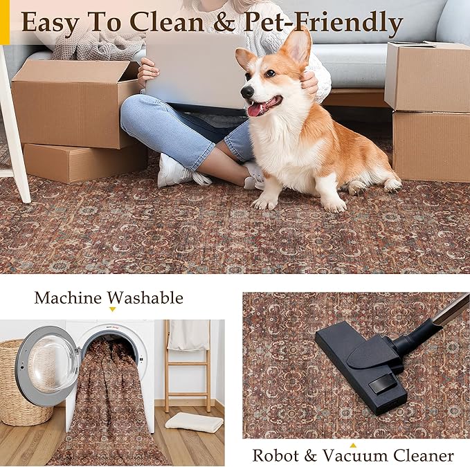 HUGEAR 2x6 Runner Rug Hallway Vintage Brick Red Machine Washable Retro Floral Low Pile Carpet Vacuumable Distressed Long Throw Rug Bedroom Office Bathroom Kitchen Laundry Non Slip Soft Lightweight