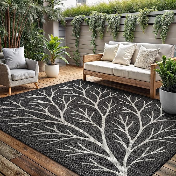Washable Indoor Outdoor Rug 5x7 Modern Area Rugs Branch Pattern Non Shedding Waterproof Easy Clean Patio Deck Porch Living Room Bedroom Garden RV (5 X 7 Dark Gray)