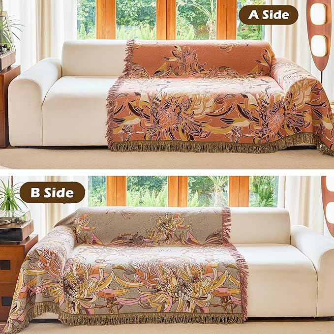Boho Throw Blanket 60" x 80", 100% Organic Cotton Breathable Skin-Friendly Ultra Soft Bed Quilt Throw - Floral Rustic Decor Luxury Reversible Blanket for Sofa Couch Chair and Gift,