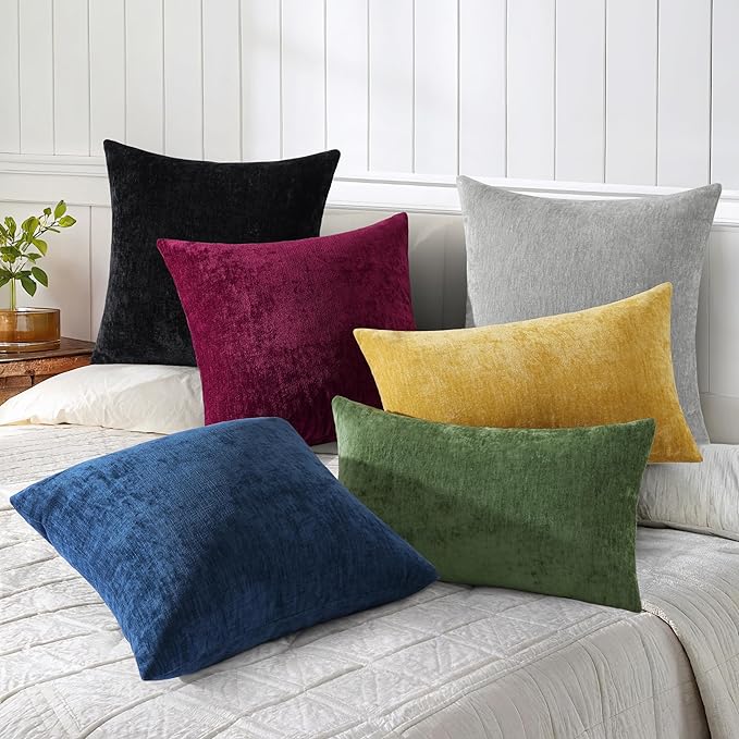 decorUhome Chenille Grey Spring Throw Pillow Covers 16x16 Inch Set of 2, Decorative Soft Couch Pillow Covers Solid Dyed Accent Farmhouse Neutral Square Pillow Cases for Sofa