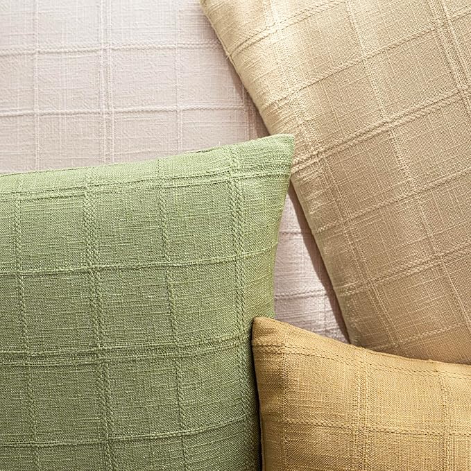 Foindtower Set of 2 Decorative Linen Check Throw Pillow Covers Neutral Farmhouse Vintage Cushion Covers Modern Boho Accent Home Decor for Sofa Chair Couch Bedroom Living Room,26×26 Inch,Light Green