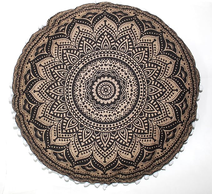 CRAFT KALA Large Round Bohemian Floor Pillow Pouf Cover Mandala Meditation Room Pillow Cover for Adults Boho Seating Poufs Cushion Cover for Kids Playroom 32" Black Gold Ombre