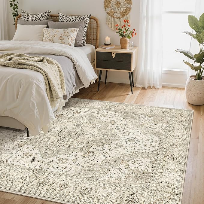 Washable Area Rugs 5x7, Ultra-Thin Rugs for Living Room, Bedroom, Dining Room, Stain Resistant Anti Slip Backing Area Rug, Super-Soft Floral Vintage Home Decor Rug (Ivory/Beige, 5'x7')