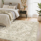 Washable Area Rugs 5x7, Ultra-Thin Rugs for Living Room, Bedroom, Dining Room, Stain Resistant Anti Slip Backing Area Rug, Super-Soft Floral Vintage Home Decor Rug (Ivory/Beige, 5'x7')