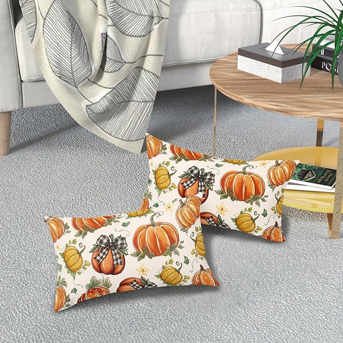 Kawani Fall Lumbar Pillow Covers 12X20 Inch Buffalo Plaid Polka Dot Pumpkins Leaves Decorative Pillow Cases Set of 2 Autumn Harvest Thanksgiving Farmhouse Throw Pillows for Cushion Sofa Couch Outdoor