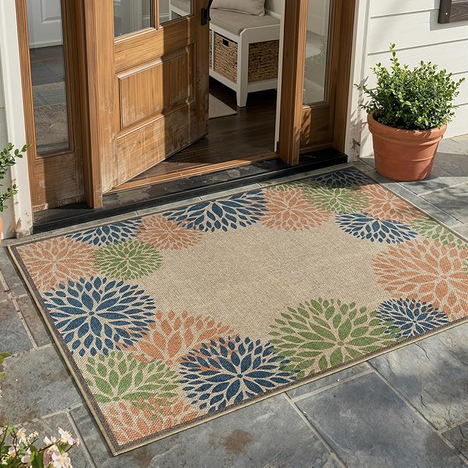 LIVEBOX Easy Jute 28''x43'' Front Porch Rug, Outdoor Non Slip Washable Kitchen Rug Modern Floral Bohemian Area Rugs Floor Hello Welcome Door Mat Carpet for Entryway Doorway(Olive 28''x43'')