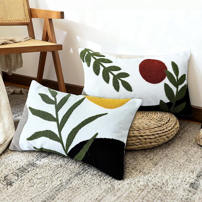 Boho Embroidered Throw Pillow Covers 12x20, Lumbar Decorative Pillow Covers Tufted Abstract Modern Leaf Sun Textured Couch Cushion Cases for Sofa Bed Living Room Decor (1PC, Black Red)