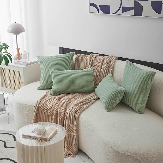 Home Brilliant Sage Green Throw Pillow Covers Couch Spring Pillow Covers Set of 2 Super Soft Striped Corduroy Pillowcases for Chair Couch Decor, 55cm, 22 x 22 Inch, Iceburg Green