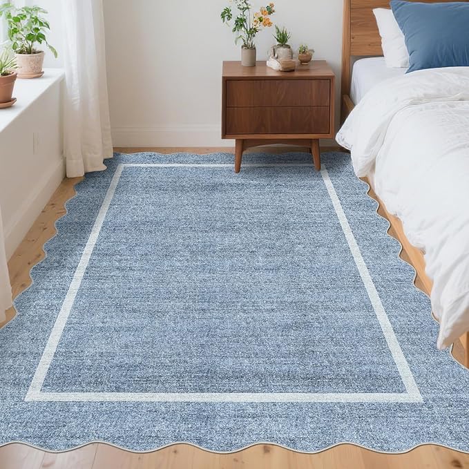 GarveeHome Scalloped Washable Rug 4x6, Blue Boho Living Room Area Rug, Bordered Non-Slip Farmhouse Bedroom Carpet Dorm Room Throw Rug, Low Pile Soft Accent Mat for Kitchen Entry Office 4 ft x6 ft Blue