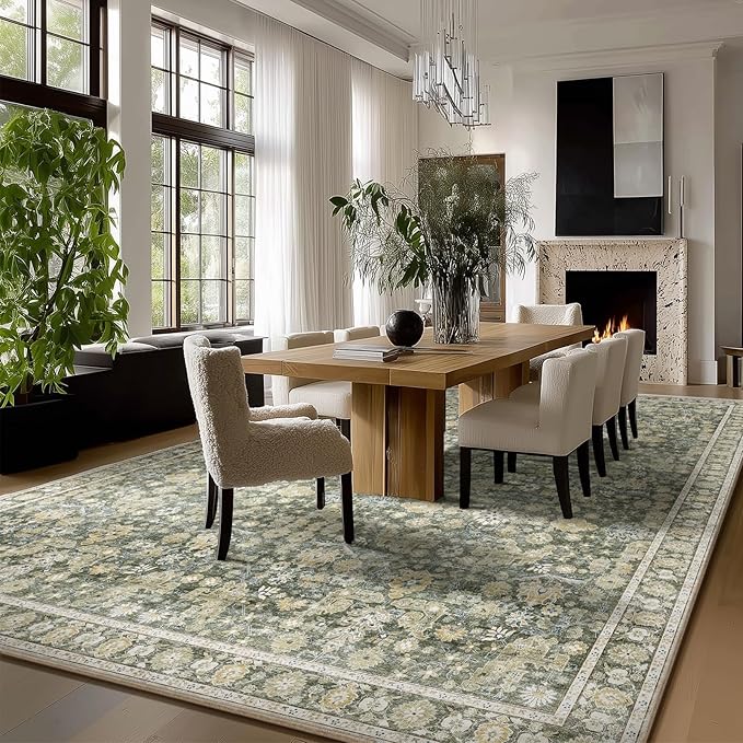 Washable Rugs for Living Room: 9x12 Area Rugs for Bedroom Ultral Soft Non-Slip Stain Resistant Vintage Boho Large Carpet for High-Traffic Dining Room - Farmhouse Decor