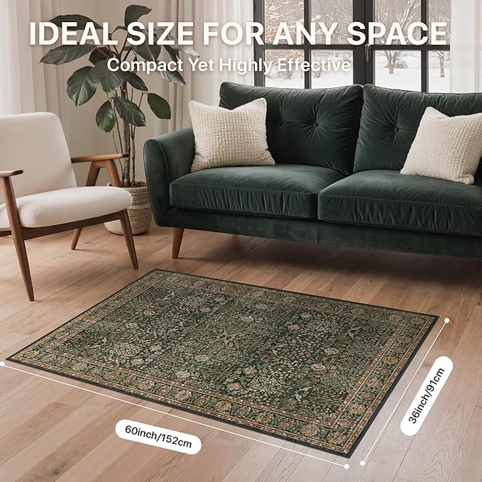 Bavni Washable Rugs 3x5-Machine Washable Rug Lightweight Low Pile, Vintage Floral Rug Non-Shedding Distressed Throw Carpet for Living Room Bedroom Office, Dark Green/Multi