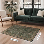 Bavni Washable Rugs 3x5-Machine Washable Rug Lightweight Low Pile, Vintage Floral Rug Non-Shedding Distressed Throw Carpet for Living Room Bedroom Office, Dark Green/Multi