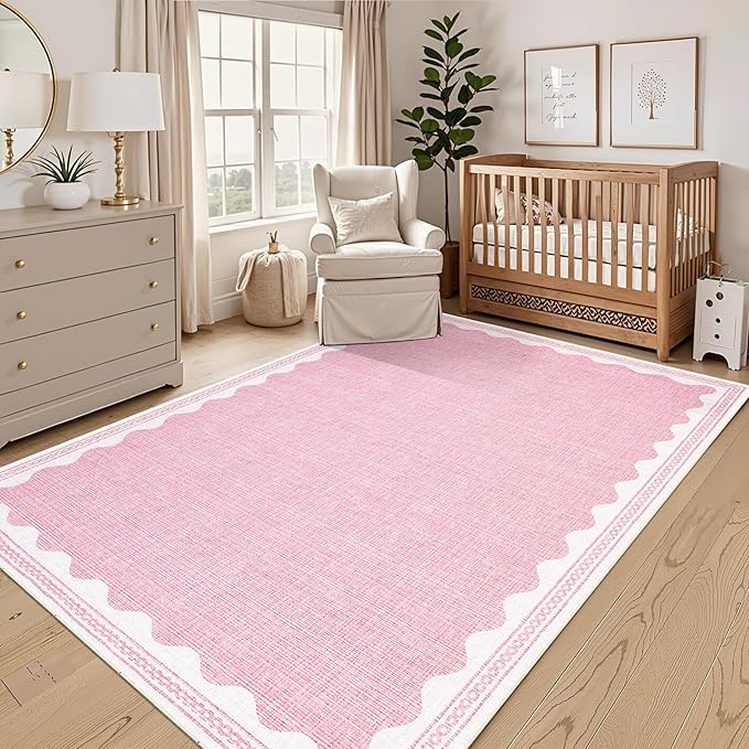 GarveeHome Washable Rugs 5x7 Area Rug for Living Room, Scalloped 5 x 7 Rug Solid Pink Modern Minimalism Low-Pile Carpet for Bedroom Dining Nursery Non Slip Mat with Rubber Back