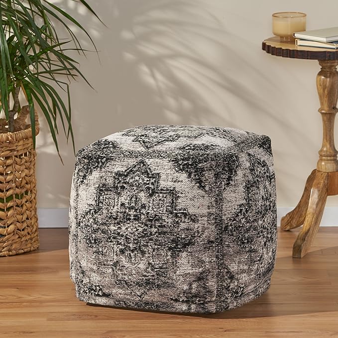 GDFStudio Boho Handmade Fabric Cube Pouf Ottoman Foot Stool - Bean Bag Floor Chair - Foot Rest Couch for Living Room Bedroom,Black and Beige,16"" x 16"" x 16"", 312604N