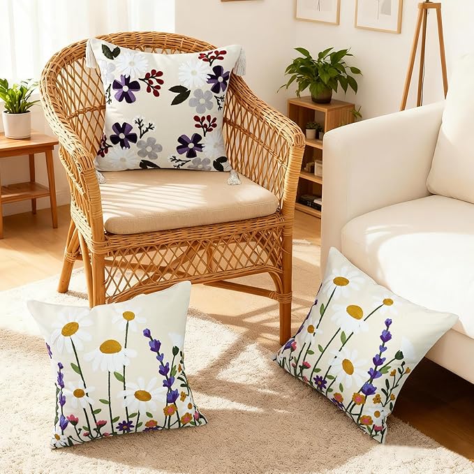Floral Embroidered Pillow Covers 18x18 Inch Set of 1, White Daisy Decorative Throw Pillow Covers with Tassels, Spring Farmhouse Purple Flowers Cushion case for Couch Sofa Bed Living Room