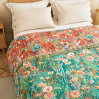 Boho Throw Blanket - 50"x60" 100% Cotton Ultra Soft Lightweight Spring Blanket, 4-Layer Breathable Muslin Blankets for Bed Couch, Reversible Green Floral Printed Bohemian Cotton Quilt