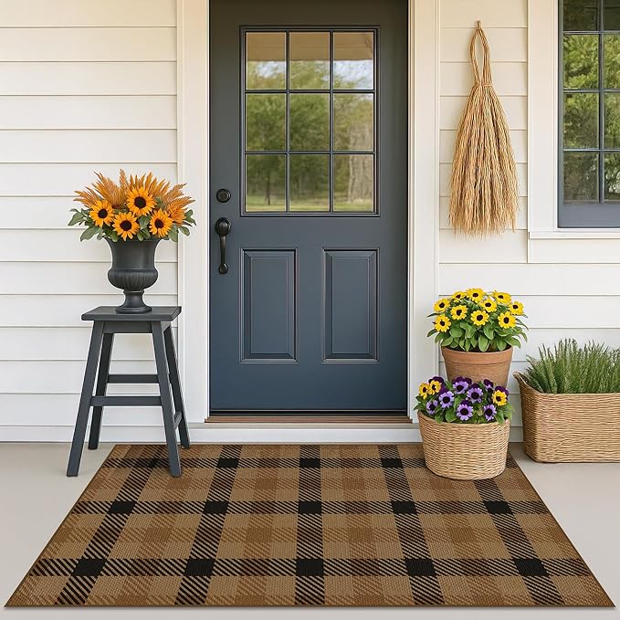 Easy Jute Brown Checkered 3x5 Entryway Rugs - Dark Plaid Rug Indoor Door Mats for Entrance, Front Porch, Outdoor Balcony, Kitchen Floor, Washable Non Slip Earthy Rustic Neutral Décor