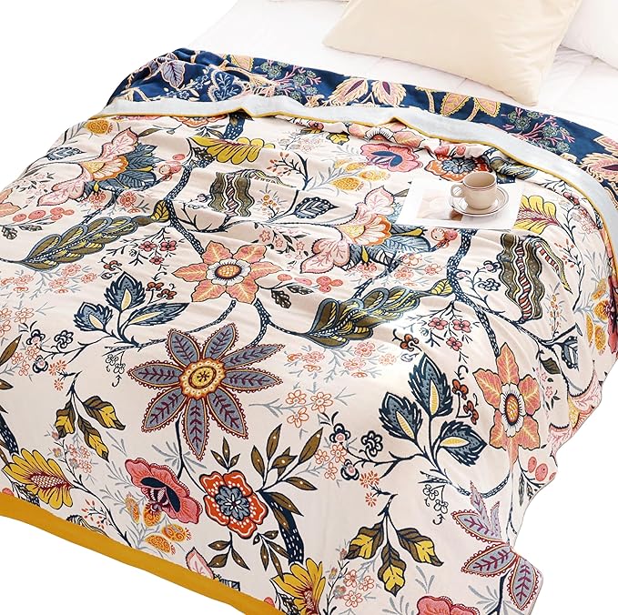 Scientific Sleep Boho Flower Farmhouse Retro Floral 100% Cotton Muslin Blanket Throw Cover Bed Couch Sofa Cozy Soft Reversible Bedding Blanket Quilt Bedspread Coverlet Twin 60 in x 80 in