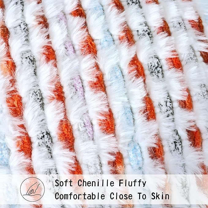 Boho Chenille Tufted Pillow Cover 12x20 Inch Set of 1, Farmhouse Striped Decorative Pillow Covers Accent Fluffy Neutral Lumbar Pillowcases for Couch Sofa Bedroom Living Room, Orange White