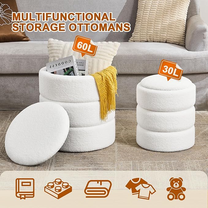 Round Ottoman with Storage Set of 2, Soft Teddy Velvet Upholstered Foot Stool Vanity Chairs, Support 330lbs Padded Seat Multifunctional Ottomans Footrest, Foot Rest for Living Room, White