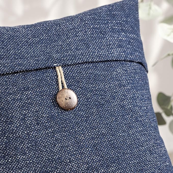 Phantoscope Pack of 2 Farmhouse Geometric-Pattern Button Vintage Linen Decorative Pillow Cover for Couch Bed and Chair Denim Blue 18 x 18 inches 45 x 45 cm