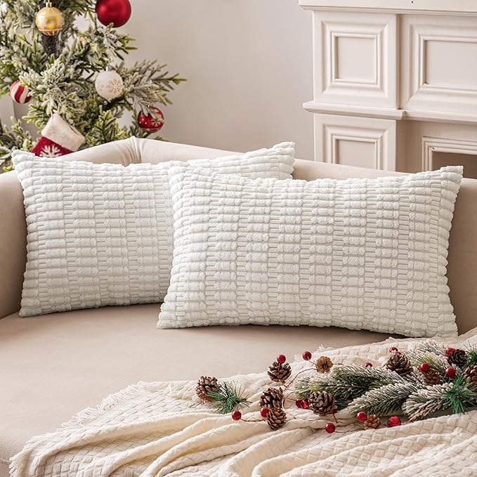 MIULEE Pack of 2 Corduroy Decorative Lumbar Throw Pillow Covers 20x12 Inch Soft Boho Striped Pillow Covers Modern Farmhouse Home Decor for Sofa Living Room Couch Bed Pure White
