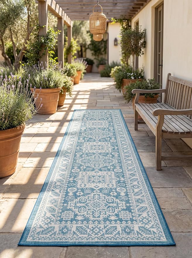 Rugs.com Outdoor Aztec Collection Rug – 12 Ft Runner Aqua Flatweave Rug Perfect for Hallways, Entryways