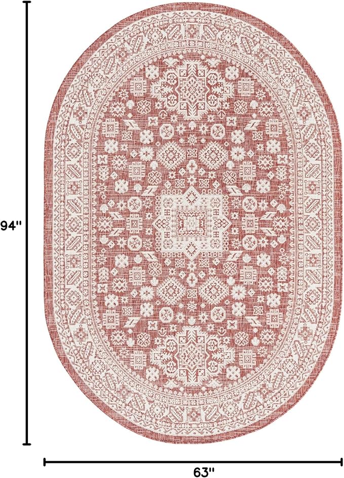 Rugs.com Outdoor Aztec Collection Rug – 5' x 8' Oval Rust Red Flatweave Rug Perfect for Living Rooms, Large Dining Rooms, Open Floorplans