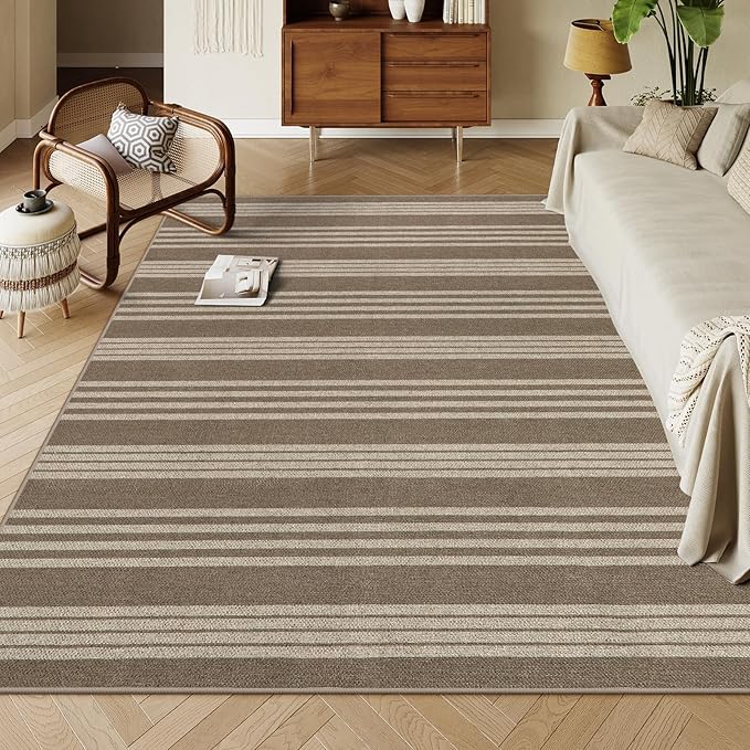 Lahome Striped Easy Jute Rug 8x10, Farmhouse Dining Room Rug Indoor Outdoor Carpet for Patio Living Room, Nature Non Slip Non Shedding Floor Carpet for Deck Sunroom Mudroom, Khaki