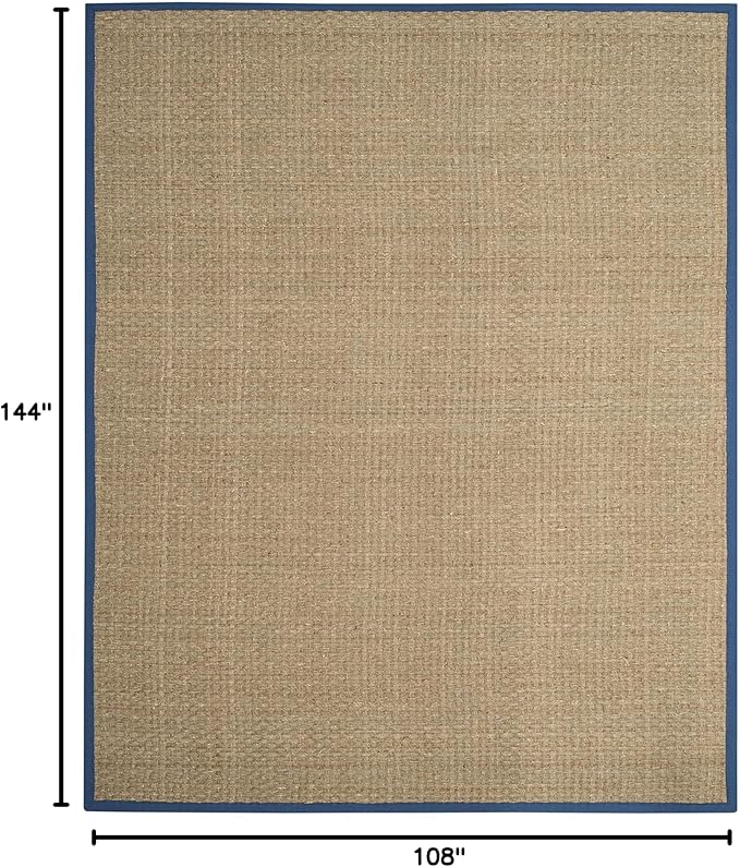SAFAVIEH Area Rug 9x12 - Natural Fiber Collection - Large - Natural & Navy, Seagrass, Basketweave Pattern with Border (NF114T)