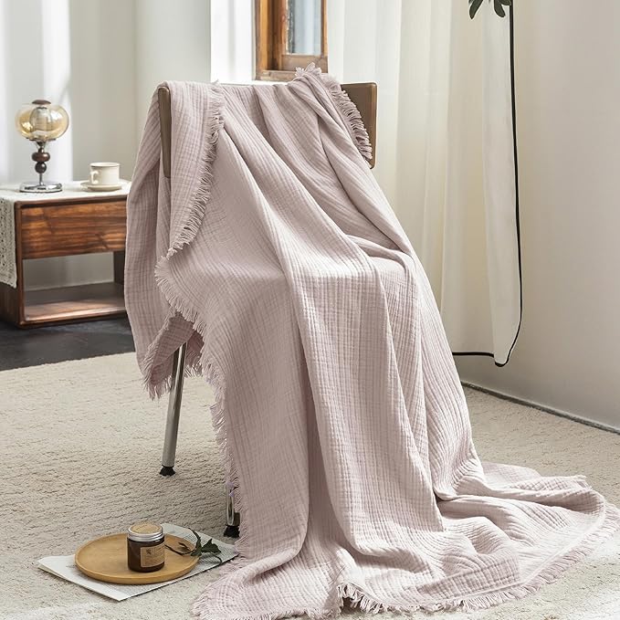 FOSSA Muslin Blanket with Fringe - 4-Layer 100% Cotton Gauze Super Soft & Breathable Throw -Lightweight Decorative Cooling Blanket for Bed, Sofa, Office (Greyish Pink, Oversize Queen (98" × 98"))
