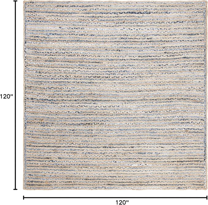 SAFAVIEH Cape Cod Collection Area Rug - 10' Square, Natural & Blue, Handmade Flat Weave Jute, Ideal for High Traffic Areas in Living Room, Bedroom (CAP250A)