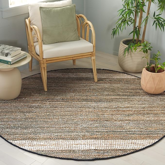SAFAVIEH Cape Cod Collection Area Rug - 6' Round, Green & Beige, Handmade Denim & Jute, Ideal for Living Room, Bedroom, Home Office, Dining Space (CAP153Y-6R)