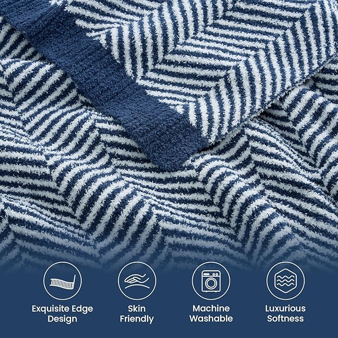 Snuggle Sac Herringbone Throw Blanket for Couch, Reversible Super Soft Warm Blankets Cozy Knit Fuzzy Plush Lightweight Throws for Sofa, Bed, Camping, Navy, 50x60 inches