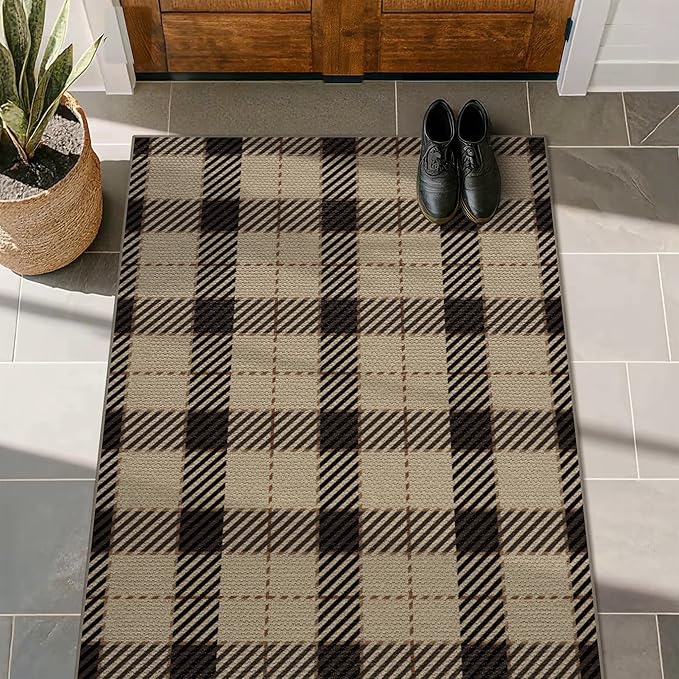 3x4 Jute Rugs for Entryway, Checkered Washable Entry Rug, Indoor Door Mat for Front Door, 3 x 4 Kitchen Mats for Floor, Non Slip Rubber Backing, Thin Modern Farmhouse Black and Brown Rattan Décor
