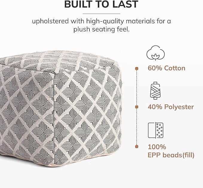 Anji Mountain Pouf Ottoman Foot Rest, Handmade Ottoman Pouf, Comfortable Foot Stool, Decorative Floor Seating for Living Room Decor, Bedroom & Home Décor Accent - Sketch Bone