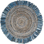 SAFAVIEH Cape Cod Collection Area Rug - 3' Round, Ivory & Denim, Handmade Boho Fringe Jute & Cotton, Ideal for High Traffic Areas in Living Room, Bedroom (CAP206D)