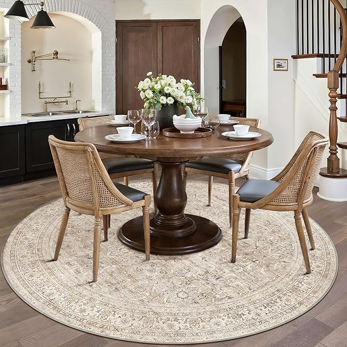 HUGEAR 4ft Round Rug Entryway Rugs Machine Washable Beige Hallway Area Rug 4x4 Small Circle Floral Low Pile Carpet Vacuumable Throw Rug Living Room Laundry Entrance Non Slip Soft Lightweight