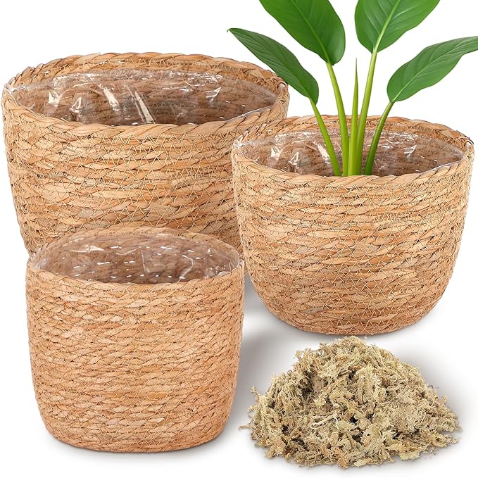 3 Pack Seagrass Plant Basket Indoor with Artificial Moss 3 Sizes Woven Baskets Flower Pots Planters for Home Decor