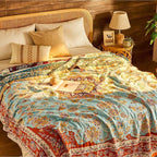 Boho Throw Blanket 100% Cotton Muslin Woven Blanket Bohemian Bed Throws Vintage Rustic Farmhouse Decor Reversible Bed Blanket Quilt for All Seasons（Yellow 50"x60"）